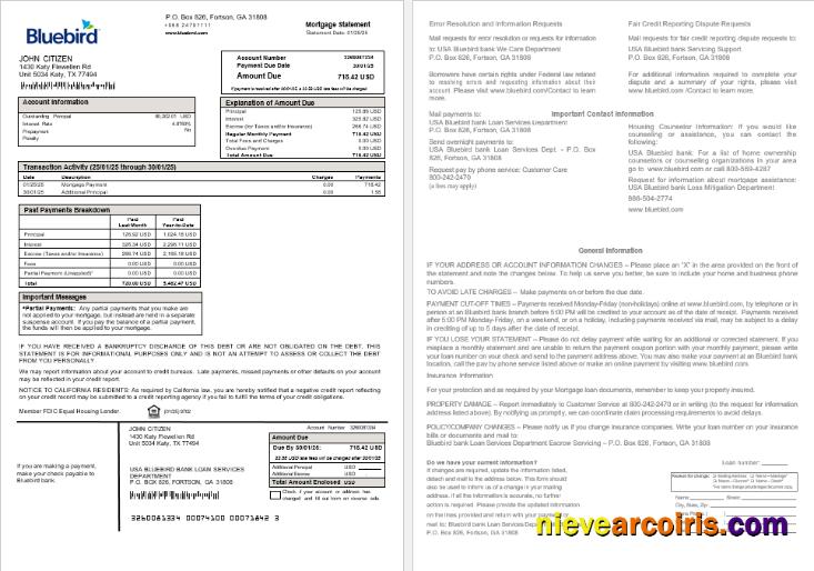 USA Bluebird bank mortgage statement